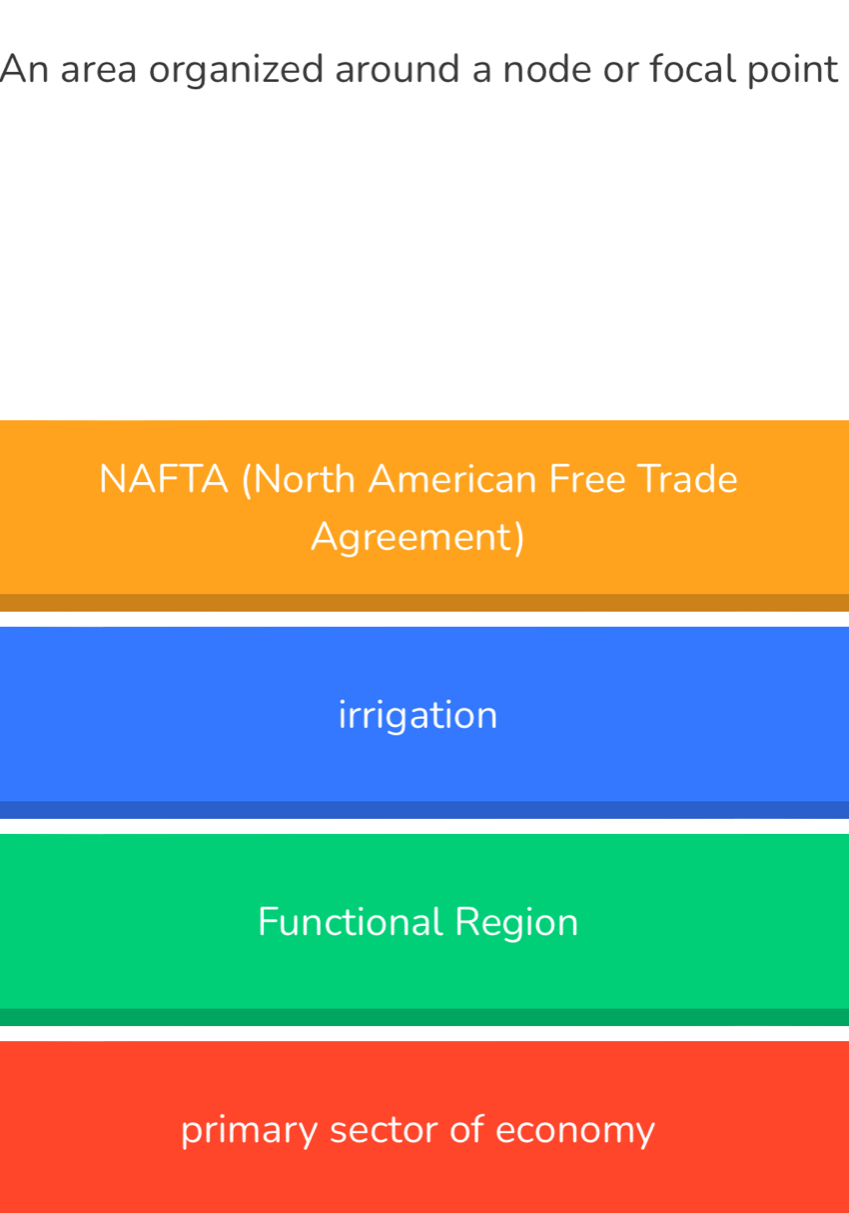 An area organized around a node or focal point
NAFTA (North American Free Trade
Agreement)
irrigation
Functional Region
primary sector of economy