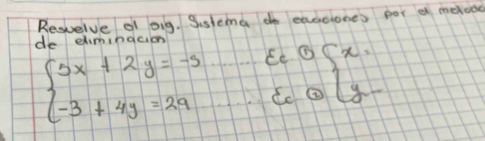 Resvelve of oig. Sistema do exacones por a melode 
de eliminacion
beginarrayl 5x+2y=-3 -3+4y=29endarray.