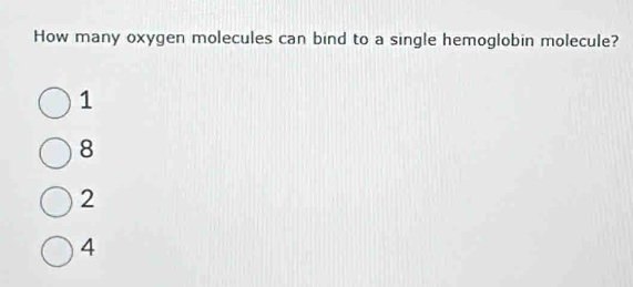 Solved: How many oxygen molecules can bind to a single hemoglobin ...