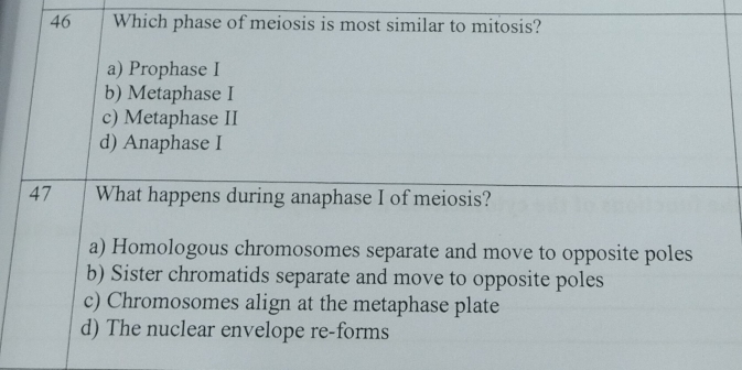 Which phase of meiosis is most similar to mitosis?
a) Prophase I
b) Metaphase I
c) Metaphase II
d) Anaphase I
47 What happens during anaphase I of meiosis?
a) Homologous chromosomes separate and move to opposite poles
b) Sister chromatids separate and move to opposite poles
c) Chromosomes align at the metaphase plate
d) The nuclear envelope re-forms