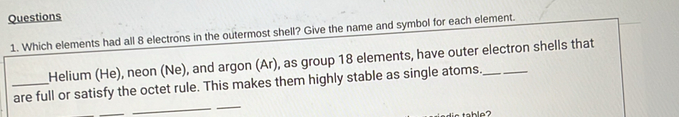 Which elements had all 8 electrons in the outermost shell? Give the name and symbol for each element. 
Helium (He), neon (Ne), and argon (Ar), as group 18 elements, have outer electron shells that 
_ 
_ 
_are full or satisfy the octet rule. This makes them highly stable as single atoms._ 
table