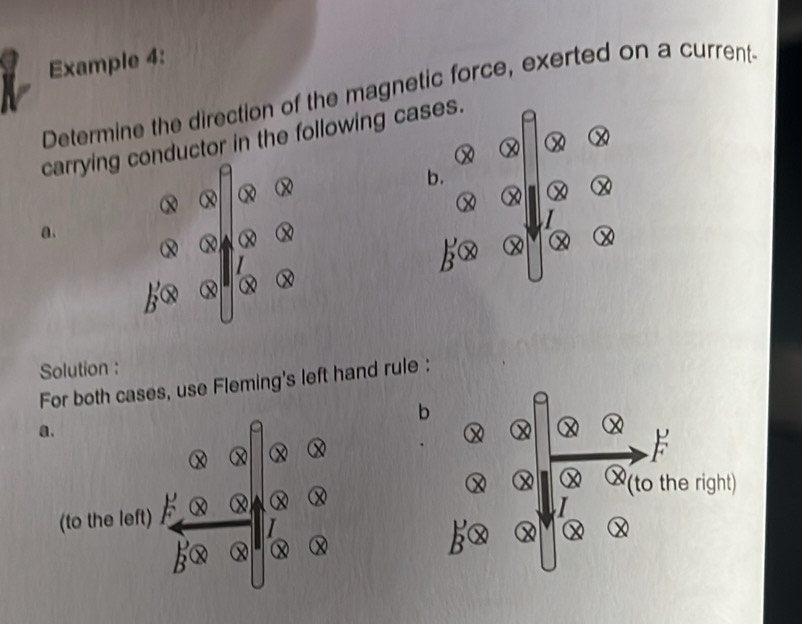 Example 4: 
Determine the direction of the magnetic force, exerted on a current- 
carrying conductor in the following cases. 
b. 
a. 
Solution : 
For both cases, use Fleming's left hand rule : 
b 
a. 
F 
(to the right) 
(to the left)