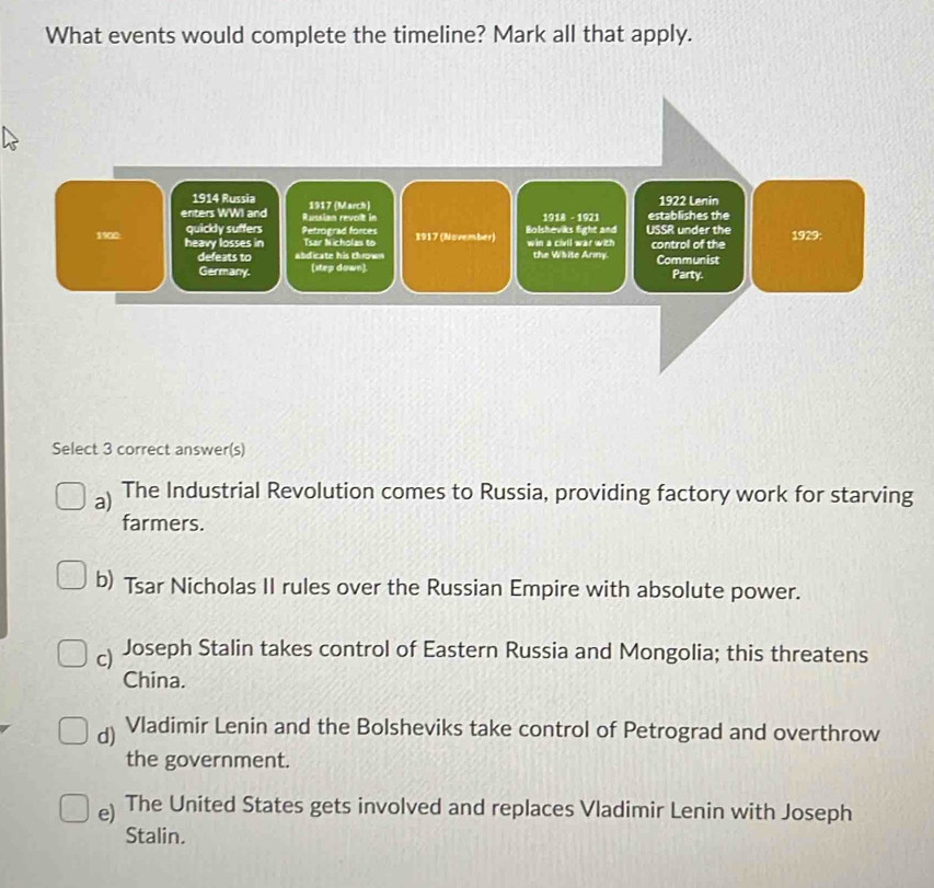 Solved: What events would complete the timeline? Mark all that apply ...