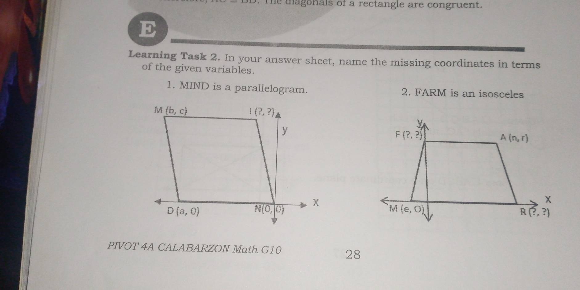 Te diagonals of a rectangle are congruent.
E
Learning Task 2. In your answer sheet, name the missing coordinates in terms
of the given variables.
1. MIND is a parallelogram. 2. FARM is an isosceles
PIVOT 4A CALABARZON Math G10 a
28