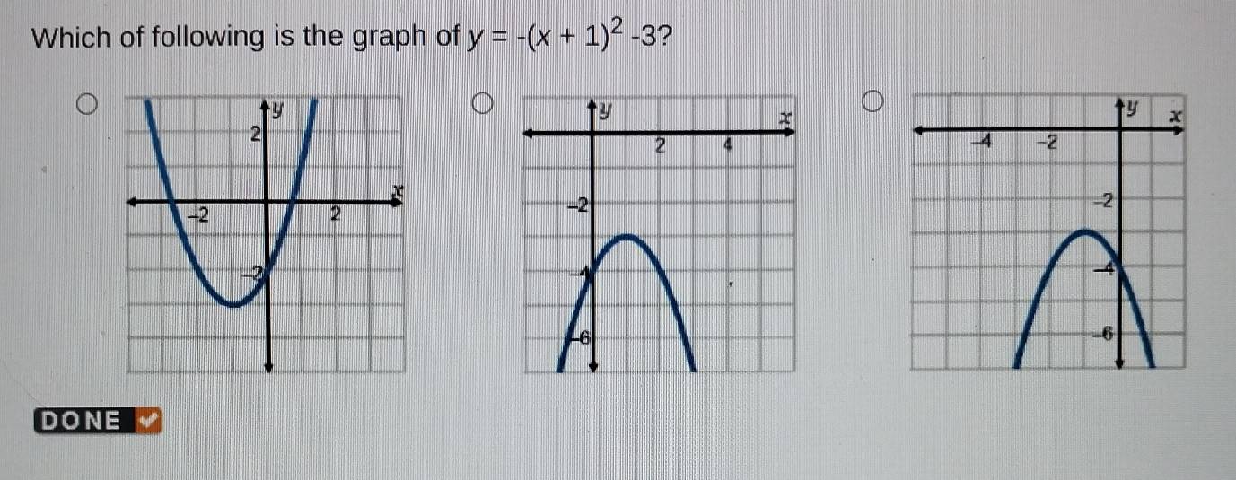 Which of following is the graph of y=-(x+1)^2-3 ? 
DONE