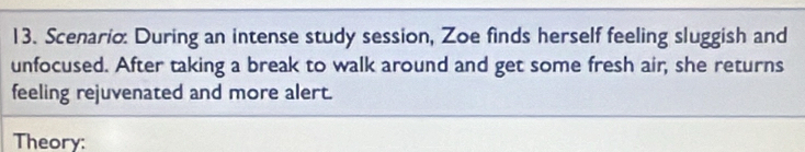 Scenario: During an intense study session, Zoe finds herself feeling sluggish and 
unfocused. After taking a break to walk around and get some fresh air, she returns 
feeling rejuvenated and more alert. 
Theory: