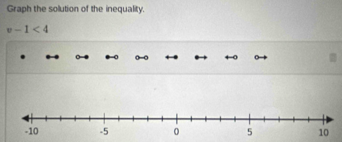 Graph the solution of the inequality.
v-1<4</tex>