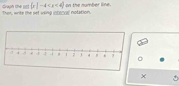 Graph the set  x|-4 on the number line. 
Then, write the set using interval notation. 
S