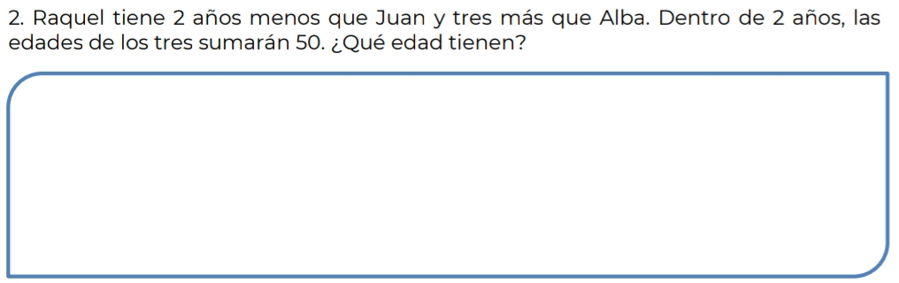 Raquel tiene 2 años menos que Juan y tres más que Alba. Dentro de 2 años, las 
edades de los tres sumarán 50. ¿Qué edad tienen?