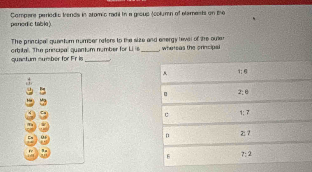 Compare periodic trends in atomic radii in a group (column of elements on the
perodic table)
The principal quantum number refers to the size and energy level of the outer
orbital. The principal quantum number for Li is _, whereas the principal
quantum number for Fr is_
A
1; 6
B
2:6
Ne
K Ca C 1; 7
Rb Sr
2:7
Cs Ba
D
2.44
Fr Ra
2.60 21
E
7:2