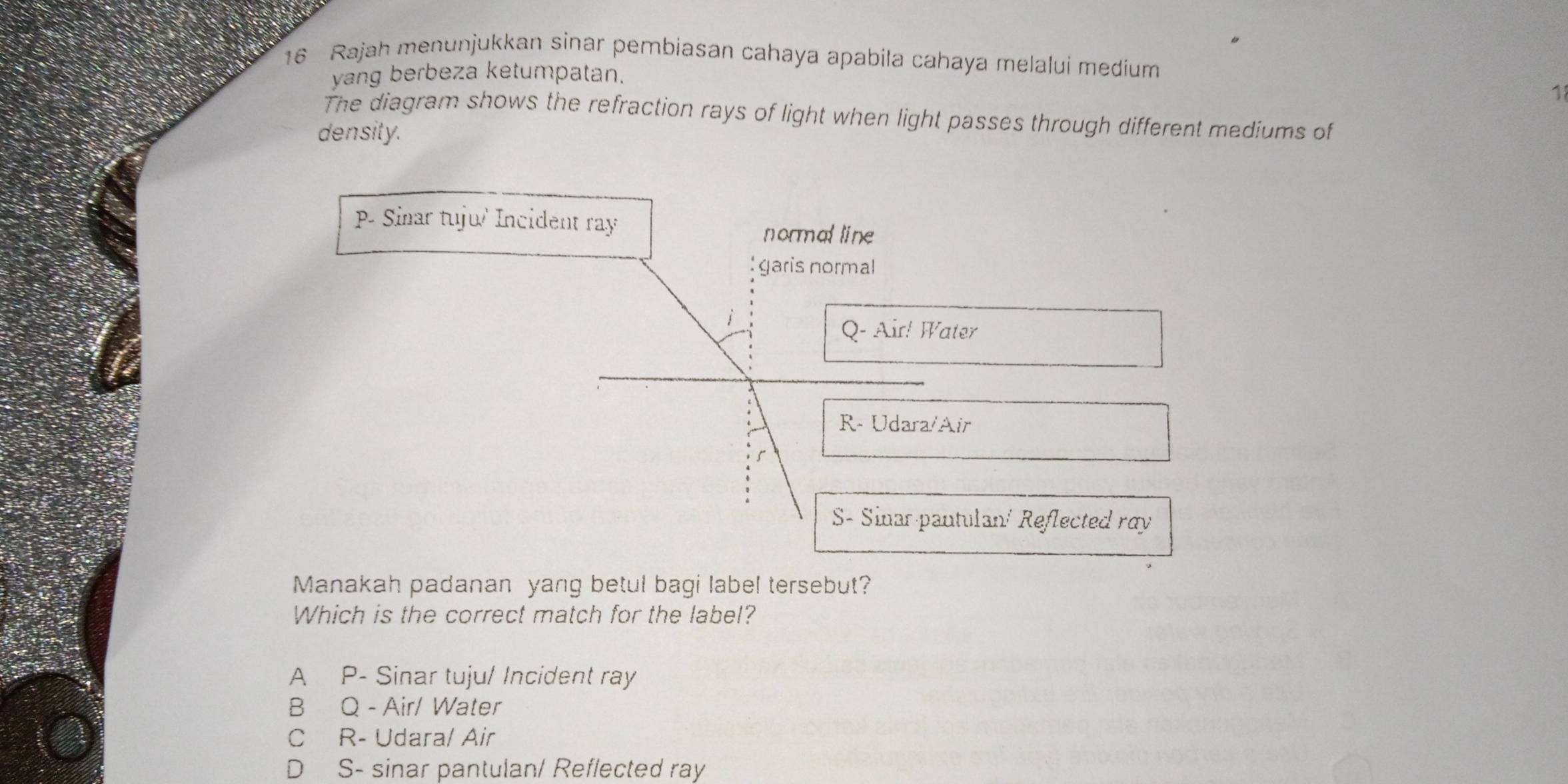 Rajah menunjukkan sinar pembiasan cahaya apabíla cahaya melalui medium
yang berbeza ketumpatan.
1
The diagram shows the refraction rays of light when light passes through different mediums of
density.
- Sinar tuju Incident ray normal line
garis normal
i
Q- Air! Water
R- Udara/Air
S- Sinar pantulan/ Reflected ray
Manakah padanan yang betul bagi label tersebut?
Which is the correct match for the label?
A P- Sinar tuju/ Incident ray
B Q - Air/ Water
C R- Udara/ Air
D S- sinar pantulan/ Reflected ray