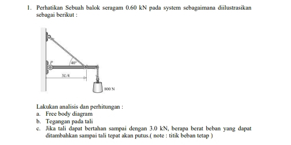 Perhatikan Sebuah balok seragam 0.60 kN pada system sebagaimana diilustrasikan
sebagai berikut :
Lakukan analisis dan perhitungan :
a. Free body diagram
b. Tegangan pada tali
c. Jika tali dapat bertahan sampai dengan 3.0 kN, berapa berat beban yang dapat
ditambahkan sampai tali tepat akan putus.( note : titik beban tetap )