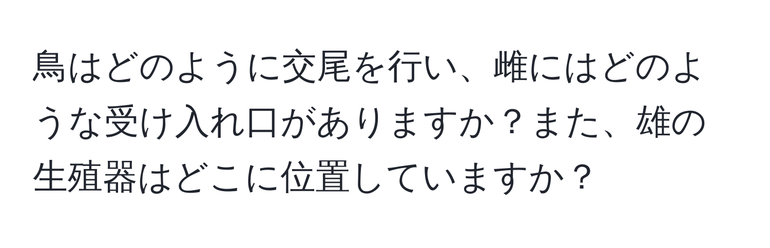 鳥はどのように交尾を行い、雌にはどのような受け入れ口がありますか？また、雄の生殖器はどこに位置していますか？