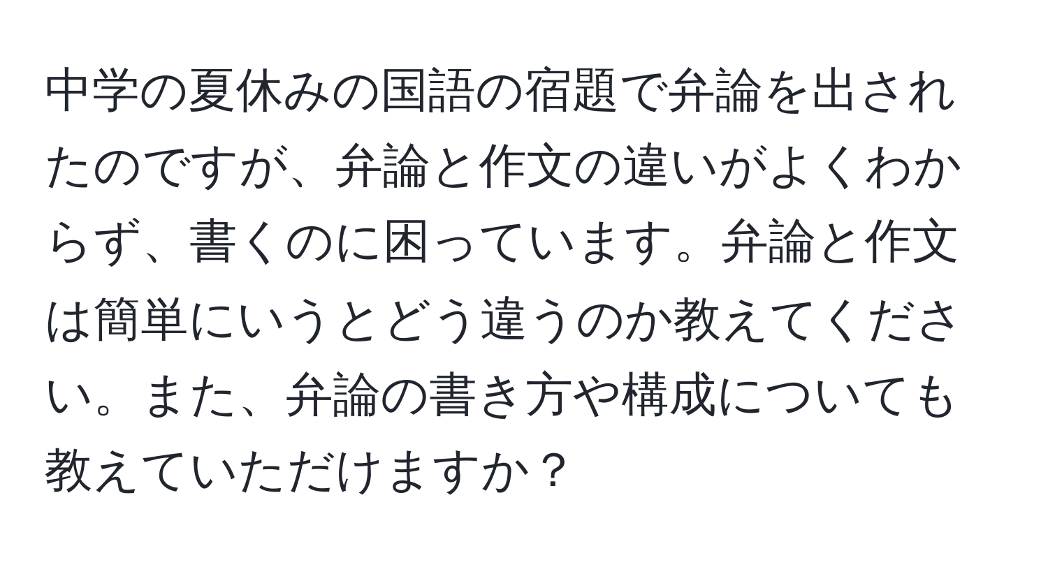 中学の夏休みの国語の宿題で弁論を出されたのですが、弁論と作文の違いがよくわからず、書くのに困っています。弁論と作文は簡単にいうとどう違うのか教えてください。また、弁論の書き方や構成についても教えていただけますか？