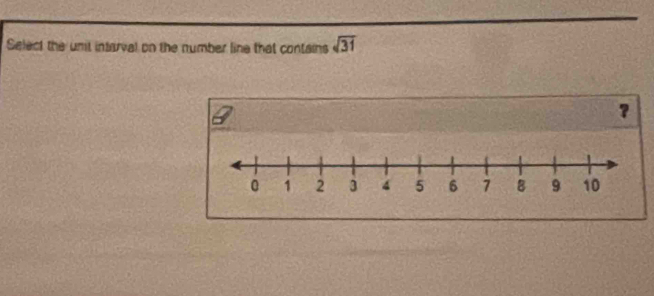 Select the unit intarval on the number line that contains sqrt(31)
?