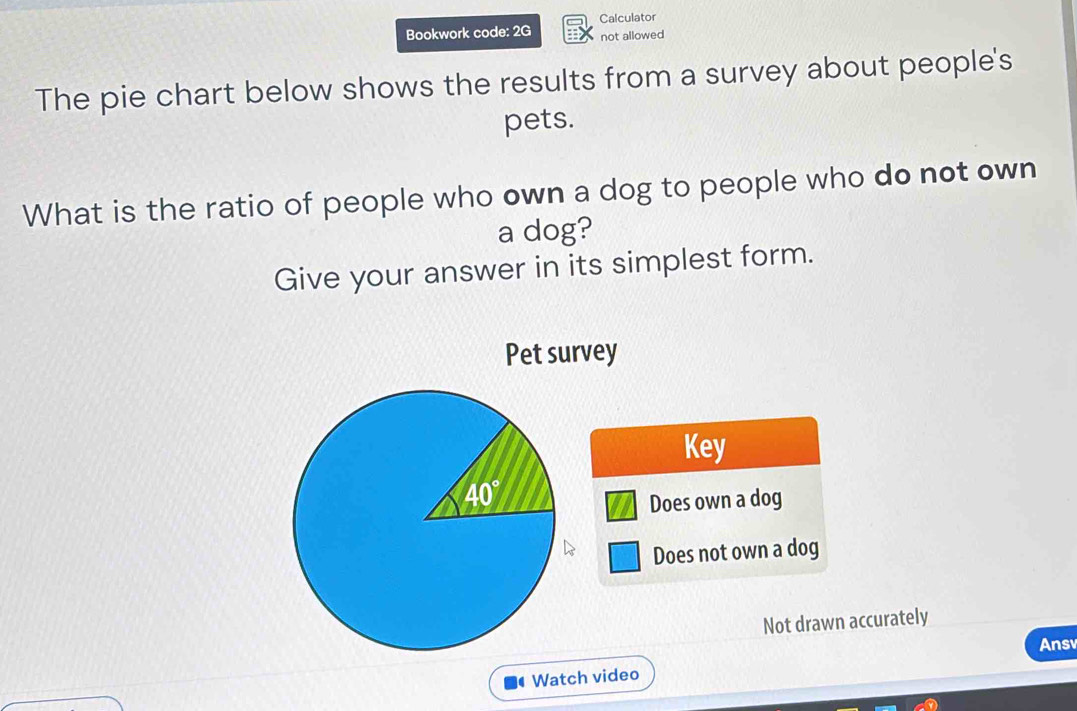 Calculator
Bookwork code: 2G not allowed
The pie chart below shows the results from a survey about people's
pets.
What is the ratio of people who own a dog to people who do not own
a dog?
Give your answer in its simplest form.
Pet survey
Key
Does own a dog
Does not own a dog
Not drawn accurately
Ansv
Watch video