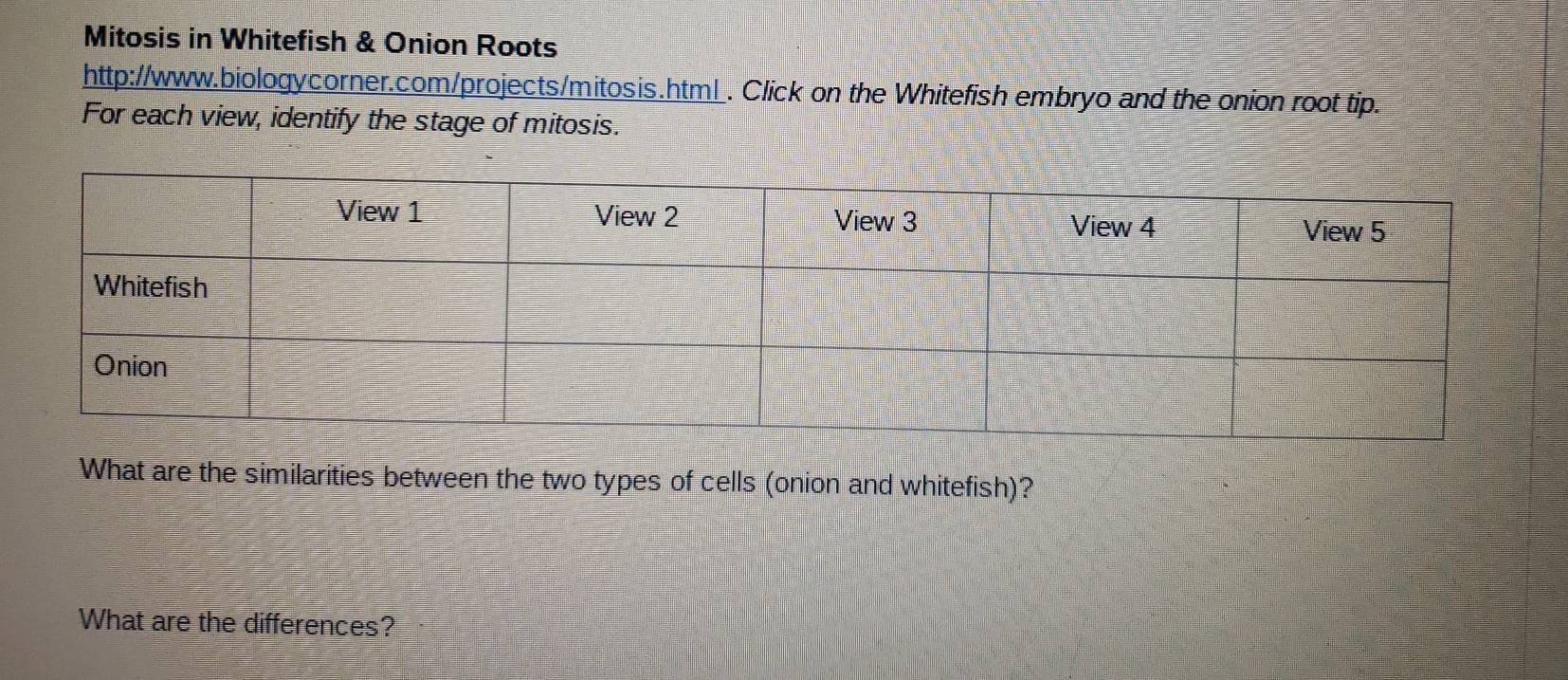 Solved: Mitosis in Whitefish \u0026 Onion Roots  http://www.biologycorner.com/projects/mitosis.html_. C [Biology], image size:1654x717