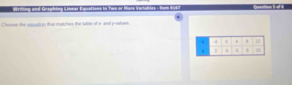 Writing and Graphing Linear Equations in Two or More Variables - Item 8167 Question 5 of 6 
Choose the equation that matches the table of x - and y -values.