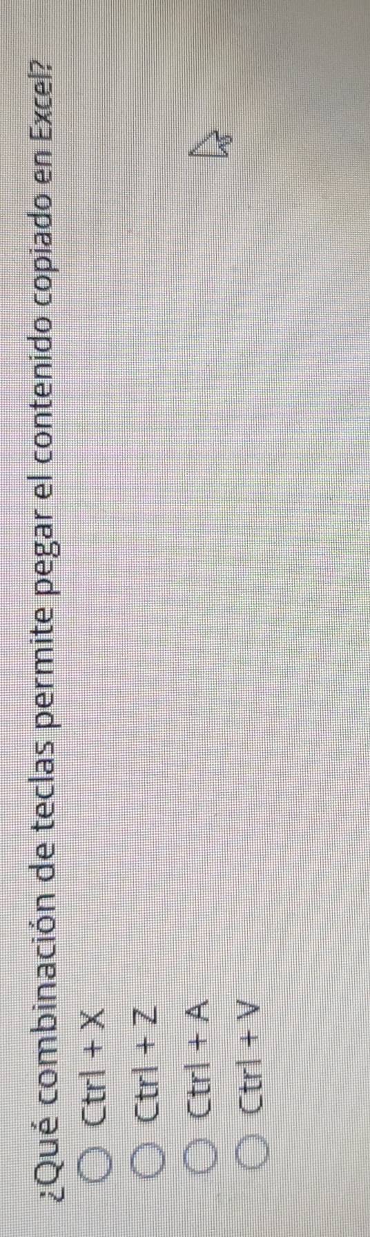 ¿Qué combinación de teclas permite pegar el contenido copiado en Excel?
Ctrl+X
Ctrl+Z
Ctrl+A
Ctrl+V