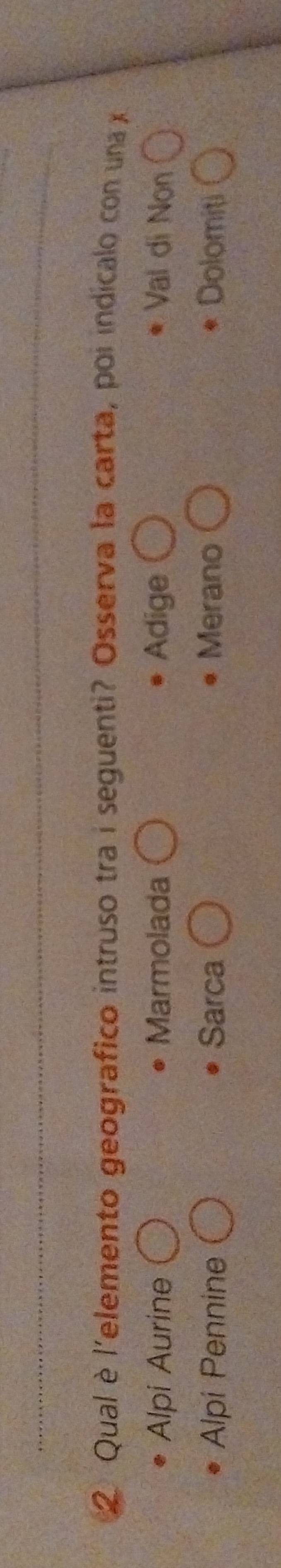 Qual è l'elemento geografico intruso tra i seguenti? Osserva la carta, poi indicalo con una x
Alpi Aurine Marmolada Adige Val di Non
Alpi Pennine Sarca Merano Dolomiti