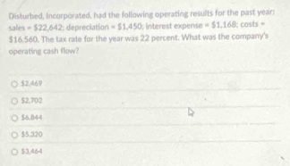 Disturbed, Incorporated, had the following operating results for the past year :
sales =522,642 depreciation =$1,450; interest expense =$1.168; costs =
$16,560. The tax rate for the year was 22 percent. What was the company's
operating cash flow?
$2.469
$2,702
$6,844
$5,320
$3,464