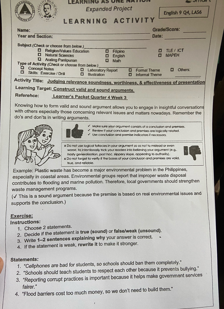 Solved: Learning as one nato. Expanded Project English 9 Q4, LAS6 LEA R ...