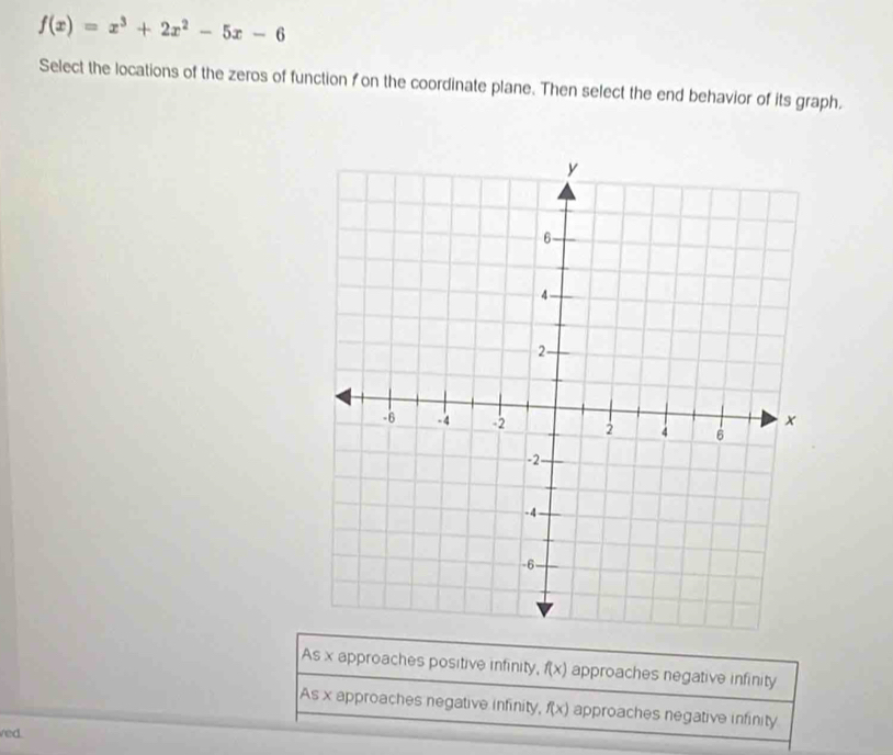 f(x)=x^3+2x^2-5x-6
Select the locations of the zeros of function fon the coordinate plane. Then select the end behavior of its graph.
As x approaches positive infinity, f(x) approaches negative infinity
As x approaches negative infinity, f(x) approaches negative infinity
ved.