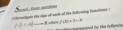 Second : Essay questions 
(1)Investigate the sign of each of the following functions :
f:[-1,6]to R where f(x)=3-x
unction represented by the followin