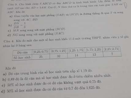 Cầu 3. Cho hình chóp S.ABCD có đây ABCD là hình bình hành. Lây điểm M t
ABC. Khi đó  Gọi G, N theo thứ tự là trọng tâm các tam giác SAB và
canh AD sao cho AD=3AM
a) Giao tuyền của hai mặt phẳng (SAB) và (SCD) là đường thắng đi qua S và song
song với AC、 BD.
b)  DN/DB = 1/3 
c) MN song song với mặt phẳng (SCD).
d) NG song song với mặt phẳng (SAC).
Câu 4. Khi đo mắt cho một số học sinh khối 11 ở một trường THPT, nhân viên y tế ghi
Khi đồ
a) Độ cận trung bình của số học sinh trên xấp xỉ 1,19 độ.
b) 0,89 độ là độ cận mà số học sinh được đo ở trên chiếm nhiều nhất.
c) 50% số học sinh được đo có độ cận không vượt quá 0,75 độ.
d) 50% số học sinh được đo có độ cận từ 0,7 độ đến 1,625 độ.