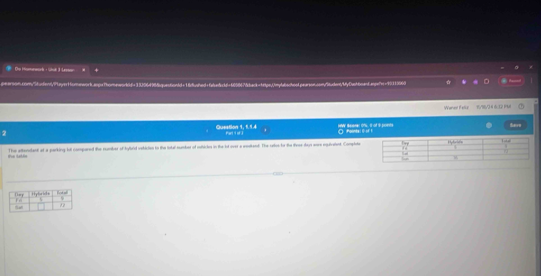 a Do Homewark - Unit 3 Lessan 
spearson.com/Student/PlayerHomework.aspx?homeworkld=33206498&questionld=1&flushed=false&cld=603867&back=https://mylabschool.pearson.com/Student/MyDashboard.aspx7rc=93333060 
Waner Feliz 11/18/24 6:32 PM 
Question 1, 1.1.4 HW Scare: 0%, 0 of 9 points Save 
2 
Part 1 of 2 Points: 0 of 1 
The attendant at a parking lot compared the number of hybrid vehicles to the total number of vehicles in the lot over a weekend The ratios for the three days were equivalent. Complete 
the table 
∞