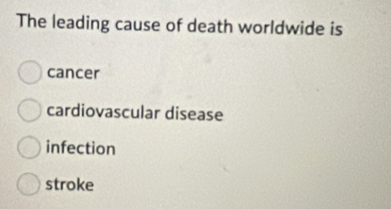 The leading cause of death worldwide is
cancer
cardiovascular disease
infection
stroke