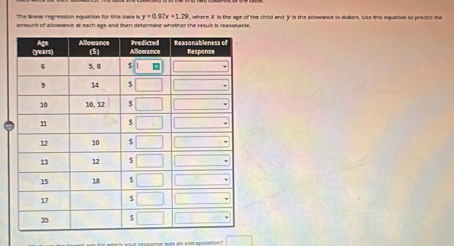 The lnear regression equation for this data is y=0.97x+1.29 , where XIs the age of the child and Y is the allowance in dolars. Use this equation to predict the 
amount of allowance at each age and then determine whether the result is reasonable. 
a your response was an extrapolation?