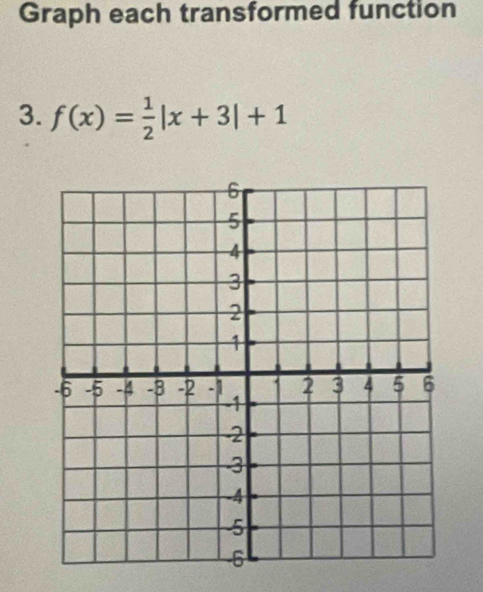 Graph each transformed function 
3. f(x)= 1/2 |x+3|+1