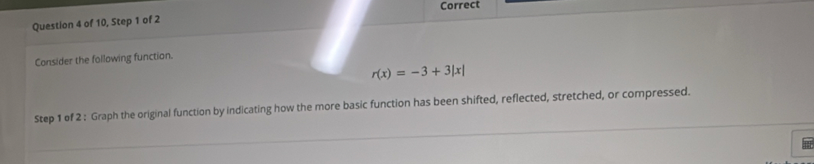 Correct 
Question 4 of 10, Step 1 of 2 
Consider the following function.
r(x)=-3+3|x|
Step 1 of 2 : Graph the original function by indicating how the more basic function has been shifted, reflected, stretched, or compressed.