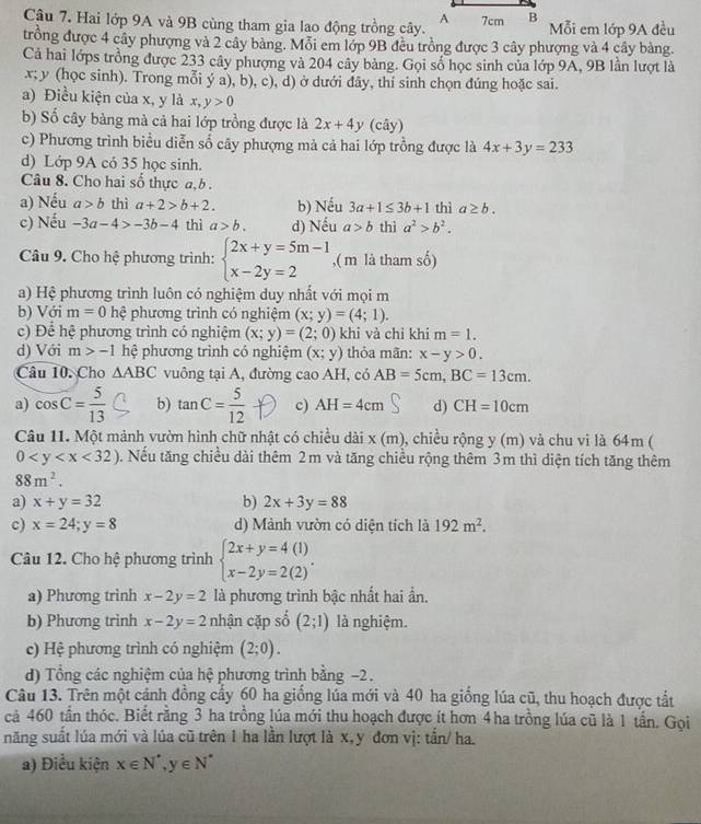 Hai lớp 9A và 9B cùng tham gia lao động trồng cây.Mỗi em lớp 9A đều
trồng được 4 cây phượng và 2 cây bàng. Mỗi em lớp 9B đều trồng được 3 cây phượng và 4 cây bàng.
Cả hai lớps trồng được 233 cây phượng và 204 cây bảng. Gọi số học sinh của lớp 9A, 9B lần lượt là
x; y (học sinh). Trong mỗi ý a), b), c), d) ở dưới dây, thí sinh chọn đúng hoặc sai.
a) Điều kiện của x, y là x,y>0
b) Số cây bàng mà cả hai lớp trồng được là 2x+4y (cây)
c) Phương trình biểu diễn số cây phượng mà cả hai lớp trồng được là 4x+3y=233
d) Lớp 9A có 35 học sinh.
Câu 8. Cho hai số thực a,b.
a) Nếu a>b thì a+2>b+2. b) Nếu 3a+1≤ 3b+1 thì a≥ b.
c) Nếu -3a-4>-3b-4 thì a>b. d) Nếu a>b thì a^2>b^2.
Câu 9. Cho hệ phương trình: beginarrayl 2x+y=5m-1 x-2y=2endarray. ,( m là tham số)
a) Hệ phương trình luôn có nghiệm duy nhất với mọi m
b) Với m=0 hệ phương trình có nghiệm (x;y)=(4;1).
c) Để hệ phương trình có nghiệm (x;y)=(2;0) khi và chỉ khi m=1.
d) Với m>-1 hệ phương trình có nghiệm (x;y) thỏa mãn: x-y>0.
Câu 10. Cho △ ABC vuông tại A, đường cao AH, có AB=5cm,BC=13cm.
a) cos C= 5/13  b) tan C= 5/12  c) AH=4cm d) CH=10cm
Câu 11. Một mảnh vườn hình chữ nhật có chiều dài x (m), chiều rộng y (m) và chu vi là 64m (
0 <32). Nếu tăng chiều dài thêm 2m và tăng chiều rộng thêm 3m thì diện tích tăng thêm
88m^2.
a) x+y=32 b) 2x+3y=88
c) x=24;y=8 d) Mảnh vườn có diện tích là 192m^2.
Câu 12. Cho hệ phương trình beginarrayl 2x+y=4(1) x-2y=2(2)endarray. .
a) Phương trình x-2y=2 là phương trình bậc nhất hai ần.
b) Phương trình x-2y=2 nhận cặp số (2;1) là nghiệm.
c) Hệ phương trình có nghiệm (2;0).
d) Tổng các nghiệm của hệ phương trình bằng −2.
Câu 13. Trên một cảnh đồng cấy 60 ha giống lúa mới và 40 ha giống lúa cũ, thu hoạch được tất
cả 460 tần thóc. Biết rằng 3 ha trồng lúa mới thu hoạch được ít hơn 4 ha trồng lúa cũ là 1 tần. Gọi
năng suất lúa mới và lúa cũ trên 1 ha lần lượt là x,y đơn vị: tần/ ha.
a) Điều kiện x∈ N^*,y∈ N^*