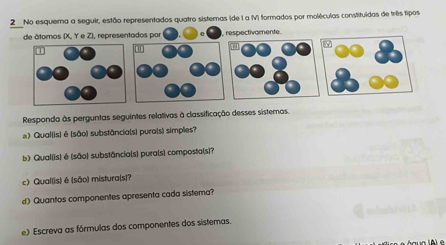 No esquema a seguir, estão representados quatro sistemas (de I a IV) formados por moléculas constituídas de três tipos 
de átomos (X, Y e Z), representados por e , respectivamente. 
Responda às perguntas seguintes relativas à classificação desses sistemas. 
a) Qual(is) é (são) substância(s) pura(s) simples? 
b) Qual(is) é (são) substância(s) pura(s) composta(s)? 
c) Qual(is)é (são) mistura(s)? 
d)Quantos componentes apresenta cada sistema? 
e) Escreva as fórmulas dos componentes dos sistemas. 
A)e