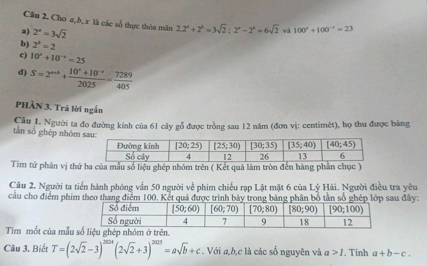 Cho a,b,x là các số thực thỏa mãn 2.2^a+2^b=3sqrt(2);2^a-2^b=6sqrt(2)
a) 2^a=3sqrt(2)
và 100^x+100^(-x)=23
b) 2^b=2
c) 10^x+10^(-x)=25
d) S=2^(a+b)+ (10^x+10^(-x))/2025 = 7289/405 
PHÀN 3. Trả lời ngắn
Câu 1. Người ta đo đường kính của 61 cây gỗ được trồng sau 12 năm (đơn vị: centimét), họ thu được bảng
tần số ghép nhóm 
Tìm tứ phân vị thứ ba của mẫu số liệu ghép nhóm trên ( Kết quả làm tròn đến hàng phần chục )
Câu 2. Người ta tiến hành phỏng vấn 50 người về phim chiếu rạp Lật mặt 6 của Lý Hải. Người điều tra yêu
cầu cho điểm phim theo thang điểm 100. Kết quả được trình bày trong bảng phân bố tần số ghép lớp sau đây:
Tìm mốt của mẫu ghép nhóm ở trên.
Câu 3. Biết T=(2sqrt(2)-3)^2024(2sqrt(2)+3)^2025=asqrt(b)+c. Với a,b,c là các số nguyên và a>1. Tính a+b-c.