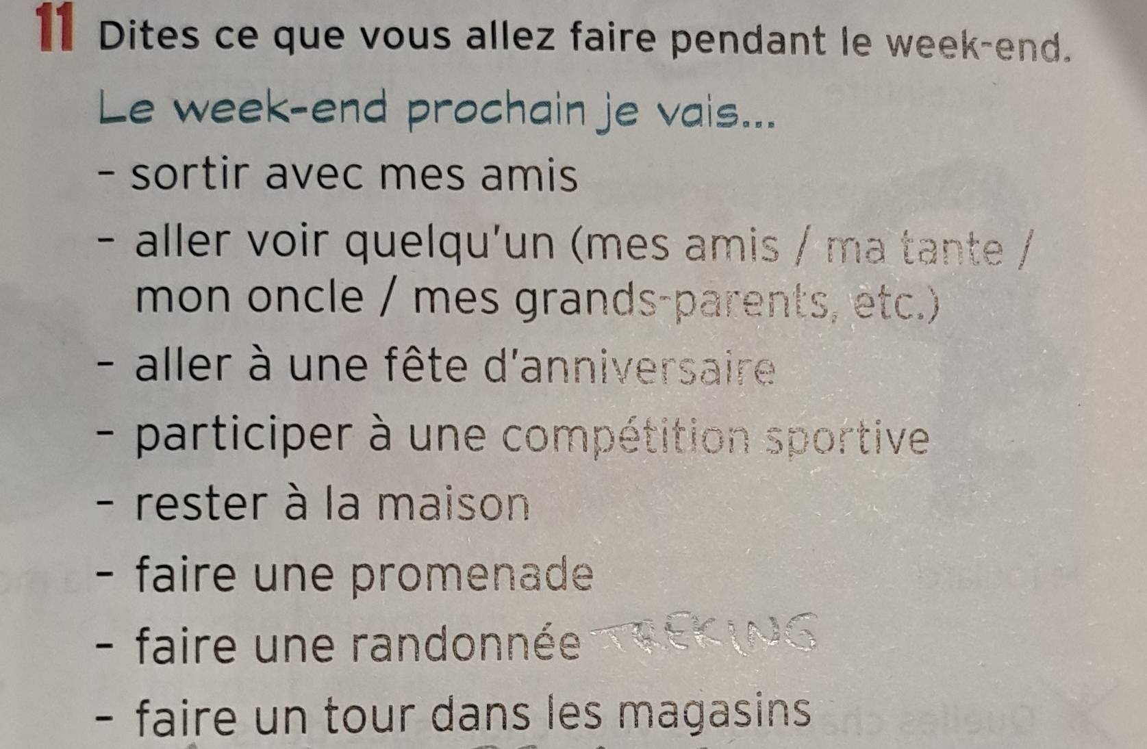 Dites ce que vous allez faire pendant le week-end. 
Le week-end prochain je vais... 
- sortir avec mes amis 
- aller voir quelqu'un (mes amis / ma tante / 
mon oncle / mes grands-parents, etc.) 
- aller à une fête d'anniversaire 
- participer à une compétition sportive 
- rester à la maison 
- faire une promenade 
- faire une randonnée 
- faire un tour dans les magasins