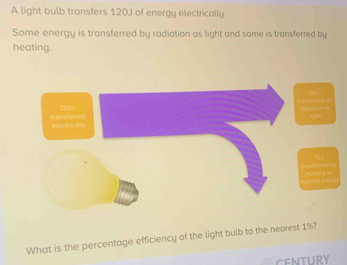 A light bulb transfers 120J of energy electrically. 
Some energy is transferred by radiation as light and some is transferred by 
heating. 
What is the percentage efficiency of the light bulb to the nearest 1%? 
CENTURY