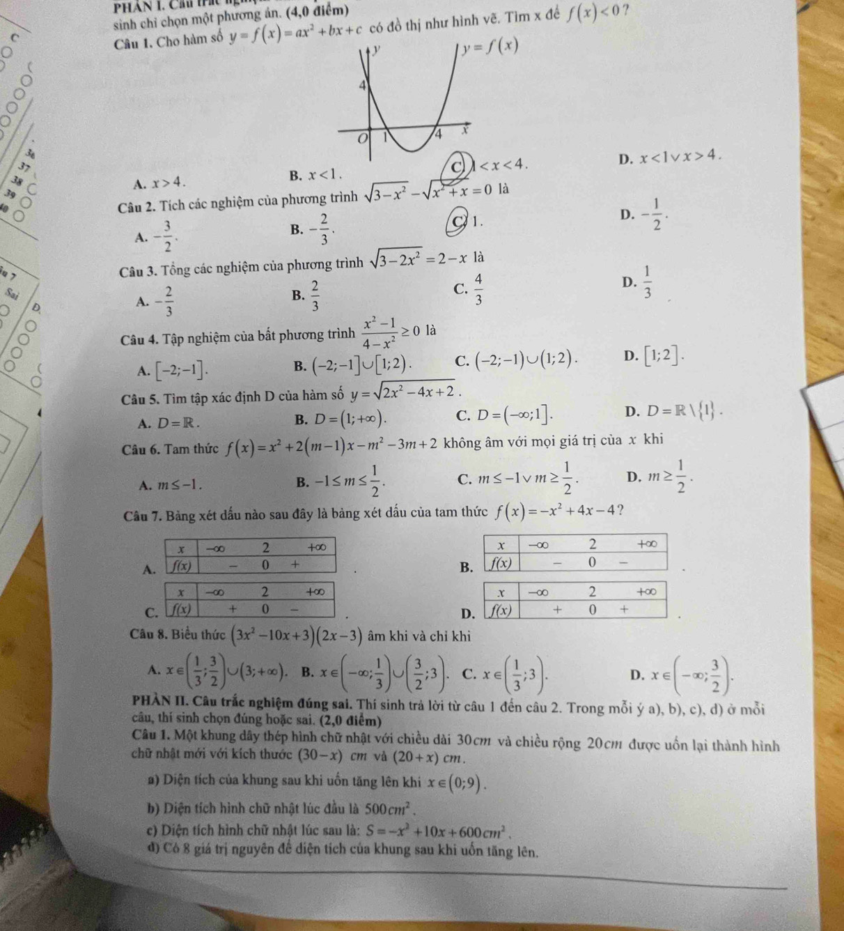 PHán I. Chu tá  
sinh chỉ chọn một phương ản. (4,0 điểm)
à
Câu 1. Cho hàm số y=f(x)=ax^2+bx+c có đồ thị như hình vẽ. Tìm x đế f(x)<0</tex> ?
y=f(x)
3

A. x>4. x<1. D. x<1vee x>4.
B.
39
Câu 2. Tích các nghiệm của phương trình sqrt(3-x^2)-sqrt(x^2+x)=0 là
D. - 1/2 .
A. - 3/2 .
B. - 2/3 .
C 1
iu 7
Câu 3. Tổng các nghiệm của phương trình sqrt(3-2x^2)=2-x là
C.
Sai B.  2/3   4/3 
D.  1/3 
D.
A. - 2/3 
Câu 4. Tập nghiệm của bất phương trình  (x^2-1)/4-x^2 ≥ 0 là
A. [-2;-1]. (-2;-1]∪ [1;2). C. (-2;-1)∪ (1;2). D. [1;2].
B.
Câu 5. Tìm tập xác định D của hàm số y=sqrt(2x^2-4x+2).
A. D=R. B. D=(1;+∈fty ). C. D=(-∈fty ;1]. D. D=R/ 1 .
Câu 6. Tam thức f(x)=x^2+2(m-1)x-m^2-3m+2 không âm với mọi giá trị của x khi
A. m≤ -1. B. -1≤ m≤  1/2 . C. m≤ -1vee m≥  1/2 . D. m≥  1/2 .
Cầu 7. Bảng xét dấu nào sau đây là bảng xét dấu của tam thức f(x)=-x^2+4x-4 ?

A 
 
Câu 8. Biểu thức (3x^2-10x+3)(2x-3) âm khi và chỉ khi
A. x∈ ( 1/3 ; 3/2 )∪ (3;+∈fty ). B. x∈ (-∈fty ; 1/3 )∪ ( 3/2 ;3). C. x∈ ( 1/3 ;3). x∈ (-∈fty ; 3/2 ).
D.
PHẢN II. Câu trắc nghiệm đúng sai. Thí sinh trả lời từ câu 1 đến câu 2. Trong mỗi ý a), b), c), d) ở mỗi
câu, thí sinh chọn đúng hoặc sai. (2,0 điểm)
Câu 1. Một khung dây thép hình chữ nhật với chiều dài 30cm và chiều rộng 20cm được uốn lại thành hình
chữ nhật mới với kích thước (30-x)cm và (20+x)cm.
) Diện tích của khung sau khi uốn tăng lên khi x∈ (0;9).
b) Diện tích hình chữ nhật lúc đầu là 500cm^2.
c) Diện tích hình chữ nhật lúc sau là: S=-x^2+10x+600cm^2.
đ) Có 8 giá trị nguyên để diện tích của khung sau khi uốn tăng lên.