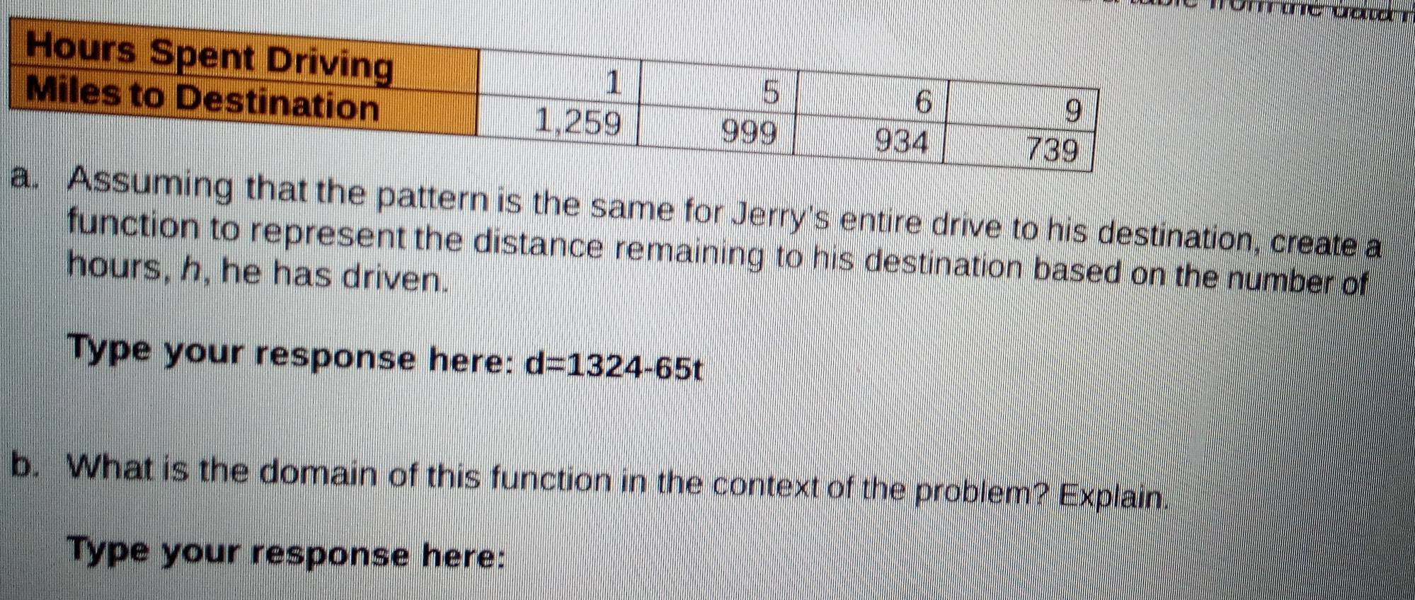 uming that the pattern is the same for Jerry's entire drive to his destination, create a 
function to represent the distance remaining to his destination based on the number of 
hours, h, he has driven. 
Type your response here: d=1324-65t
b. What is the domain of this function in the context of the problem? Explain 
Type your response here: