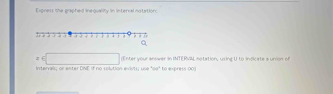 Express the graphed inequality in interval notation:
x∈ □ (Enter your answer in INTERVAL notation, using U to indicate a union of 
intervals; or enter DNE if no solution exists; use "oo" to express ∞)