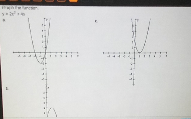 Graph the function
y=2x^2+4x
a. 
C. 

b. 
J 
. 
1 
2 
1