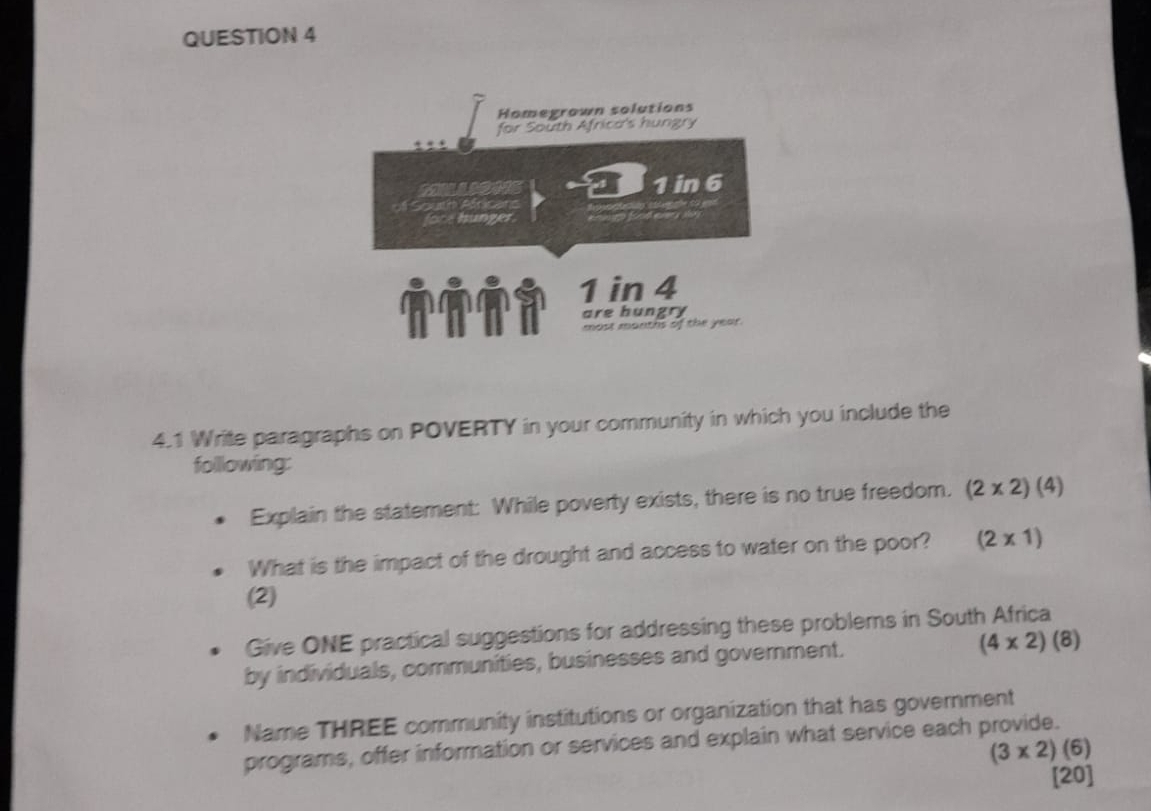 4.1 Write paragraphs on POVERTY in your community in which you include the 
folllowing: 
Explain the statement: While poverty exists, there is no true freedom. (2* 2)(4)
What is the impact of the drought and access to water on the poor? (2* 1)
(2) 
Give ONE practical suggestions for addressing these problems in South Africa 
by individuals, communities, businesses and government. (4* 2)(8)
Name THREE community institutions or organization that has government 
programs, offer information or services and explain what service each provide.
(3* 2)(6)
[20]