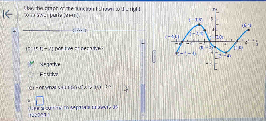 Use the graph of the function f shown to the right
to answer parts (a)-(n).
(d) Is f(-7) positive or negative?
Negative
Positive
(e) For what value(s) of x is f(x)=0 ?
x=□
(Use a comma to separate answers as
needed.)