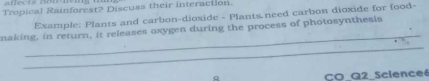 aflects non-iving 
Tropical Rainforest? Discuss their interaction. 
Example: Plants and carbon-dioxide - Plants need carbon dioxide for food- 
_ 
making, in return, it releases oxygen during the process of photosynthesis 
_ 
Q 
CO_Q2_Science6