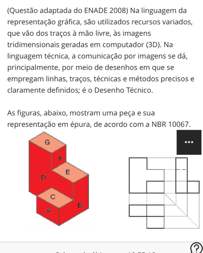 (Questão adaptada do ENADE 2008) Na linguagem da 
representação gráfica, são utilizados recursos variados, 
que vão dos traços à mão livre, às imagens 
tridimensionais geradas em computador (3D). Na 
linguagem técnica, a comunicação por imagens se dá, 
principalmente, por meio de desenhos em que se 
empregam linhas, traços, técnicas e métodos precisos e 
claramente definidos; é o Desenho Técnico. 
As figuras, abaixo, mostram uma peça e sua 
representação em épura, de acordo com a NBR 10067. 
..