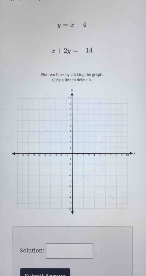 y=x-4
x+2y=-14
Plot two lines by clicking the graph. 
Click a line to delete it. 
Solution: □