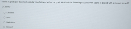 Tennis is probably the most popular sport played with a racquet. Which of the following lesser known sports is played with a racquet as well?
(1 point)
Lanov
Pols
Radminion
Craquett