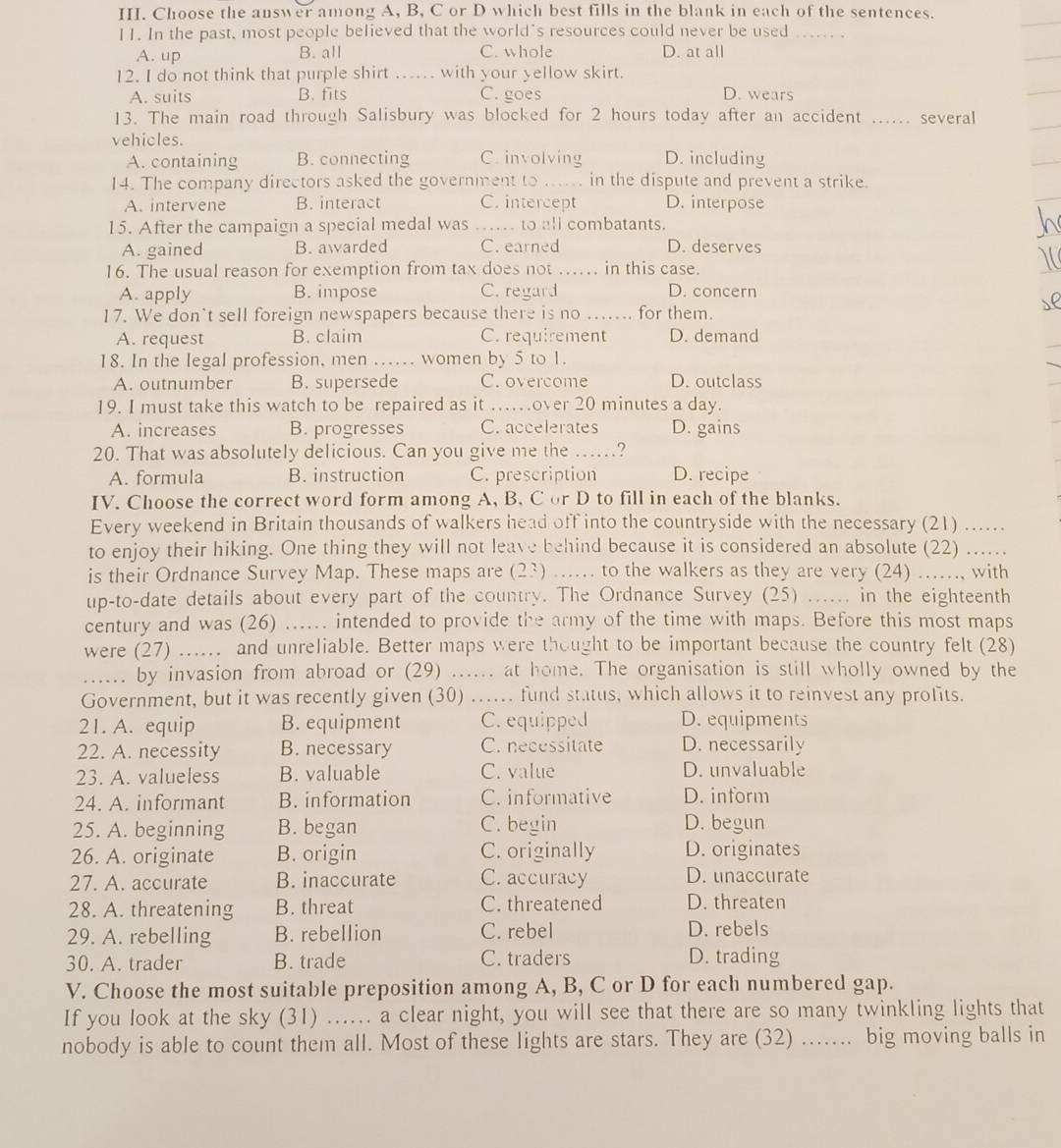 Giải quyết:Choose the answer among A, B, C or D which best fills in the ...